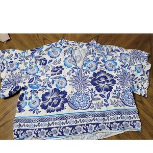 Rachel Zoe Blue White coastal Mediterranean Linen Blend Ruffle sleeve Top XL
